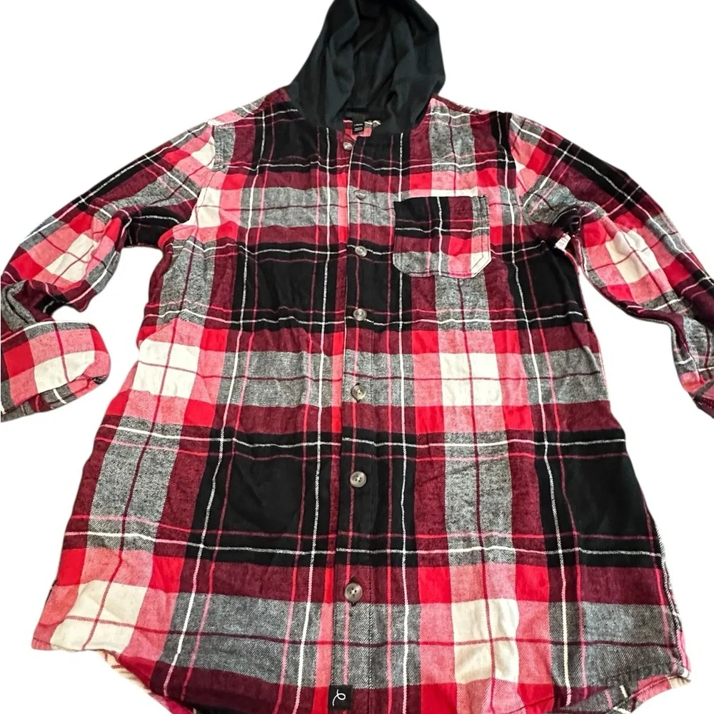 Art Class Boys Flannel Hoodie Shirt Red Black‎ Plaid Size L (12/14)  NWT